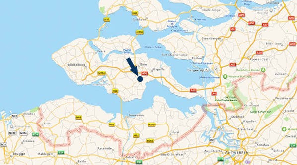 Kaart van Zeeland met de ligging van 's-Gravenpolder, ten zuiden van Goes